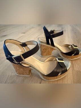 JIMMY CHOO Vintage Black Leather Cork Platform Wedge Sandals. Logo Buckles Chic!